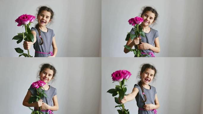 女孩快乐少年送花玫瑰