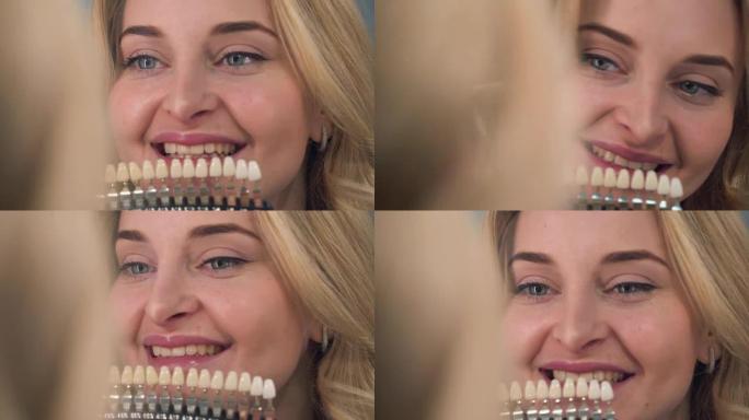 牙医治疗女性患者的牙齿在牙医处检查牙齿美白。