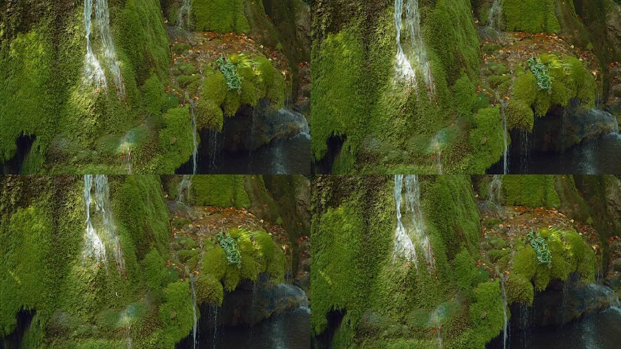 罗马尼亚独特的Bigar瀑布的侧面慢动作镜头