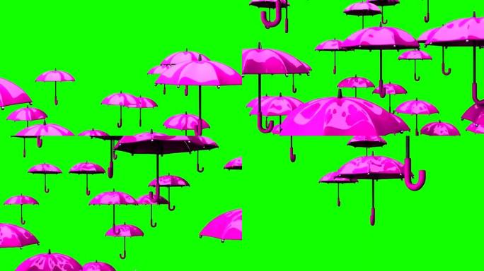 绿色色度键上的上升粉色雨伞