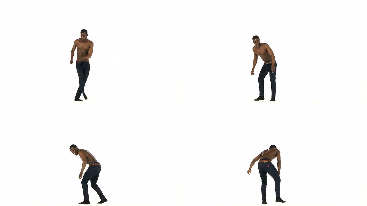 裸体躯干的美国黑人舞者在白色上跳舞拉丁舞蹈