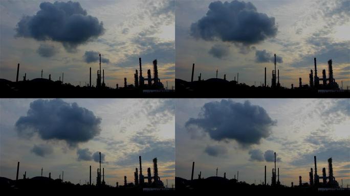 乌云密布的炼油厂。