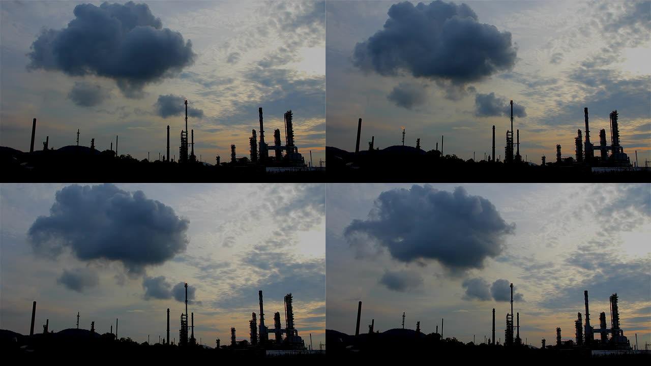 乌云密布的炼油厂。