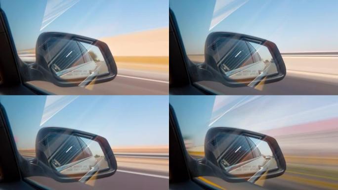 阿联酋夏季阿拉伯联合酋长国公路旅行侧镜视图4k延时