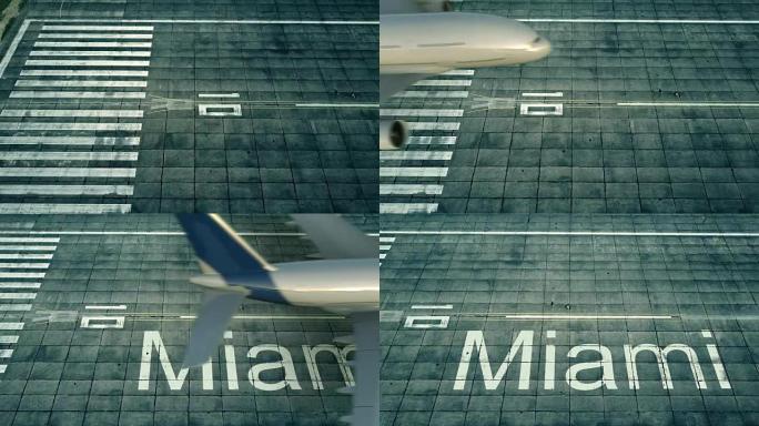 到达迈阿密机场的大飞机的鸟瞰图。赴美旅行概念性介绍动画