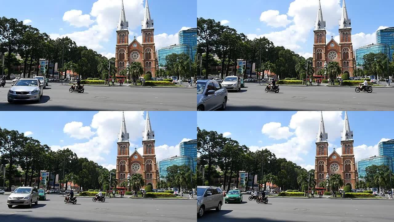 胡志明市/西贡，越南-2015: 街道繁忙的亚洲城市生活巴黎圣母院