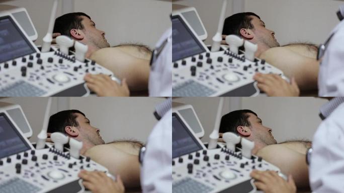 医用超声波的特写。医生扫描身体的白人男性病人。