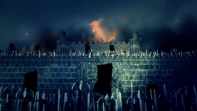 伟大的中世纪军队在燃烧的堡垒中行进