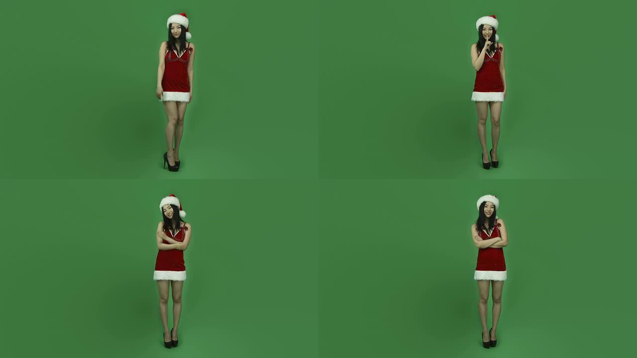 亚洲女孩性感圣诞老人孤立绿幕绿背景