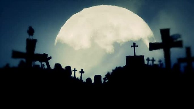 满月之夜与乌鸦的令人毛骨悚然的墓地