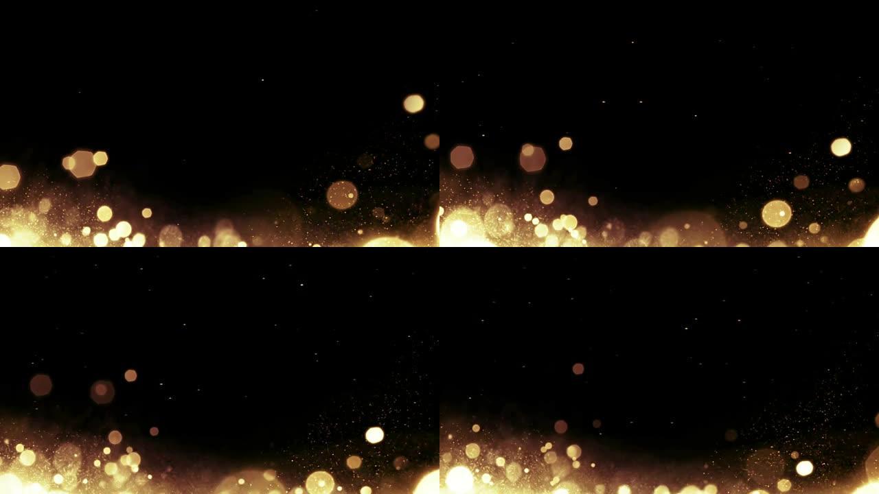 黑色背景上的金色闪光气泡颗粒从底部流出，活动节日新年快乐