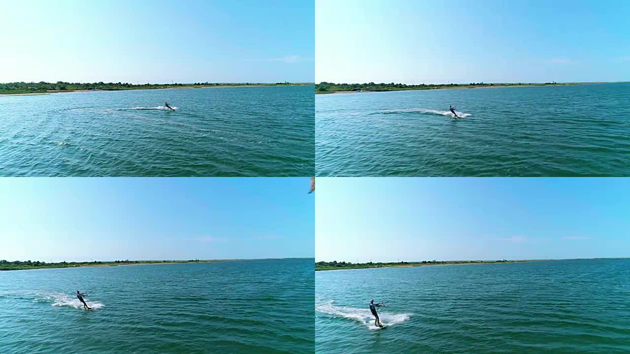 美国纽约州长岛萨福克县纳普格懒人角湾风筝冲浪的空中无人机视频