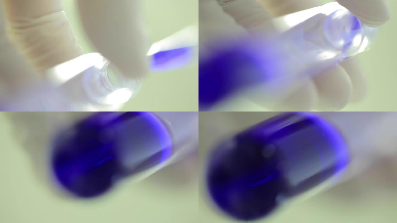 试管特写。医疗设备。科学家在实验室中使用微量移液管的特写镜头。实验室技术人员将液体注入微量滴定板。试