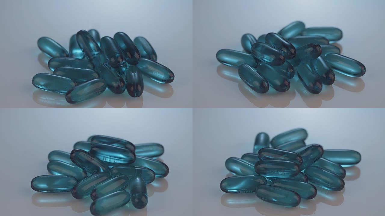 处方药-反光背景上的胶囊、药丸、片剂