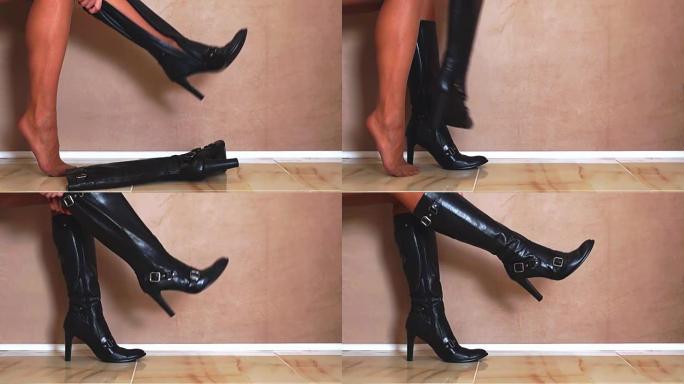 女人穿上黑色靴子