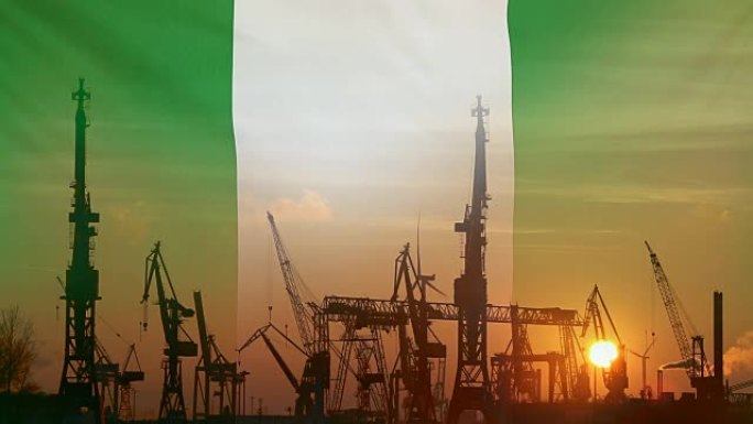 日落时带有尼日利亚国旗的工业概念