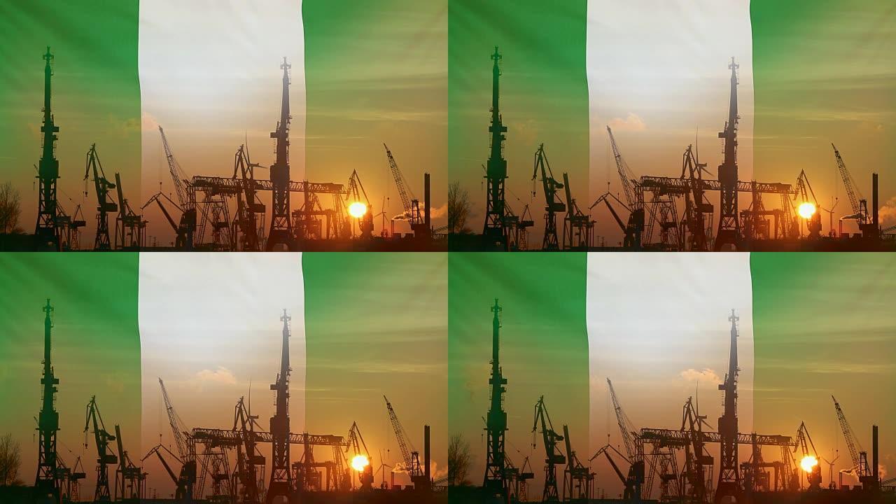 日落时带有尼日利亚国旗的工业概念