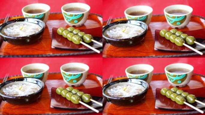 日本京都传统糖果甜点套装、丹戈、果冻面条和绿茶视频