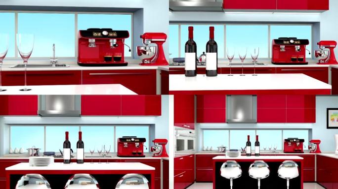 红色协调的现代厨房内部
