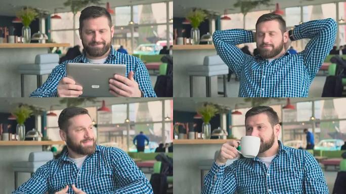 男人完成浏览平板电脑，喝咖啡放松，在咖啡馆，肖像，steadicam