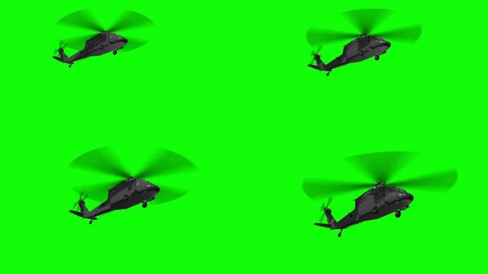 军用直升机在绿屏上飞行