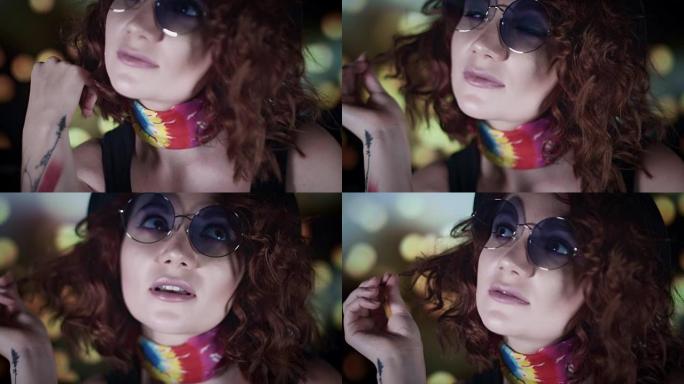 4k特写潮女人的脸与太阳镜