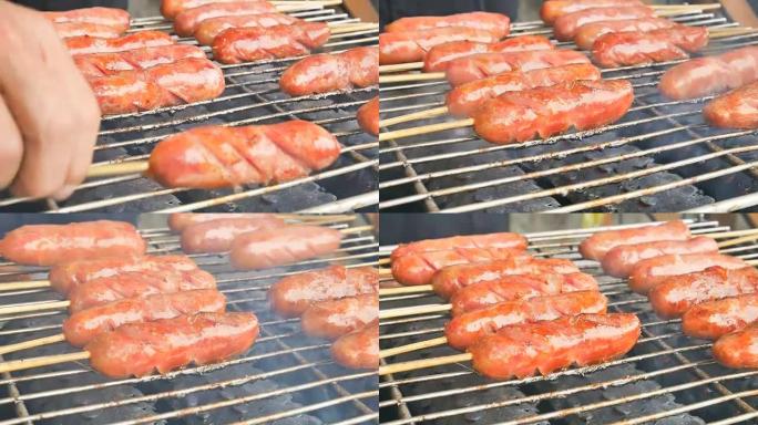 炭炉上美味的烤台湾甜猪肉香肠