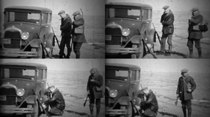1933: 在福特model A汽车上准备猎枪的人。