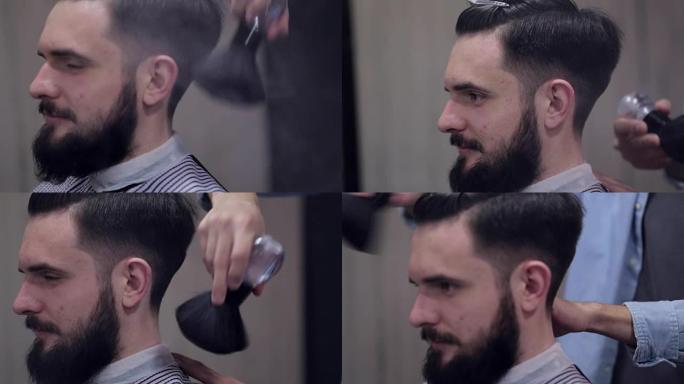 男理发师在理发店用滑石粉为留胡子的顾客理发