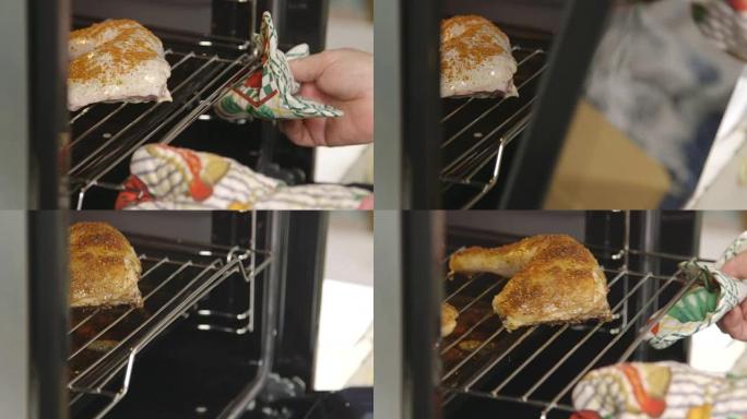 厨师把生鸡肉从烤箱里取出煮熟的脆皮烤鸡。