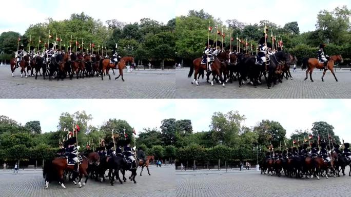 骑兵队身穿传统比利时制服参加皇家游行。美丽的欧洲，文化和风景。旅游观光，游览比利时的地标。世界旅行，