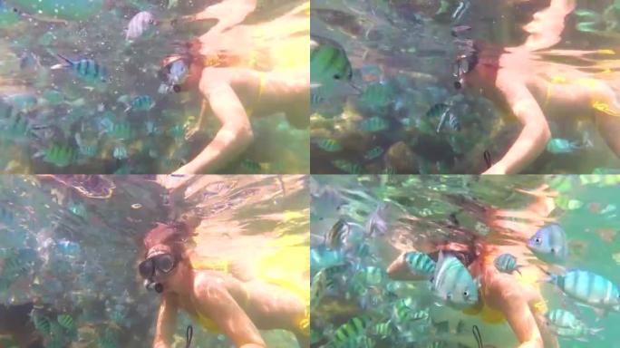 女孩用鱼在海里洗澡。戴着面具的水肺潜水