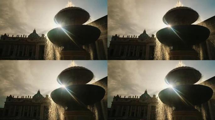 意大利罗马著名的圣彼得罗意大利广场喷泉，圣彼得教堂柱子。Steadicam慢动作镜头