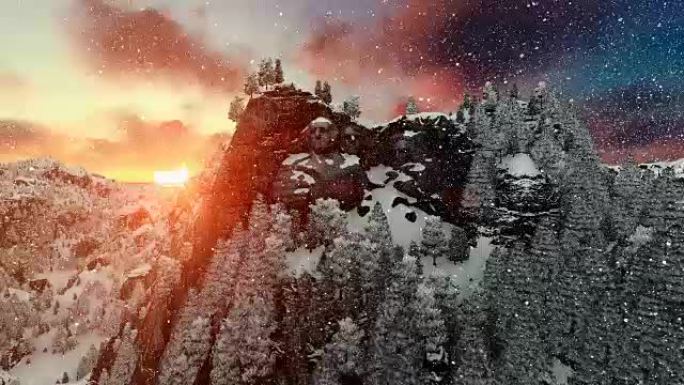 拉什莫尔山在冬天，延时日出，下雪，相机飞行