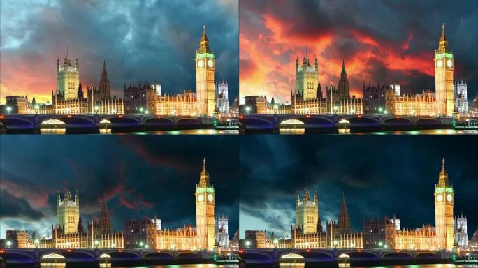 英国伦敦的大本钟，国会大厦，时光流逝