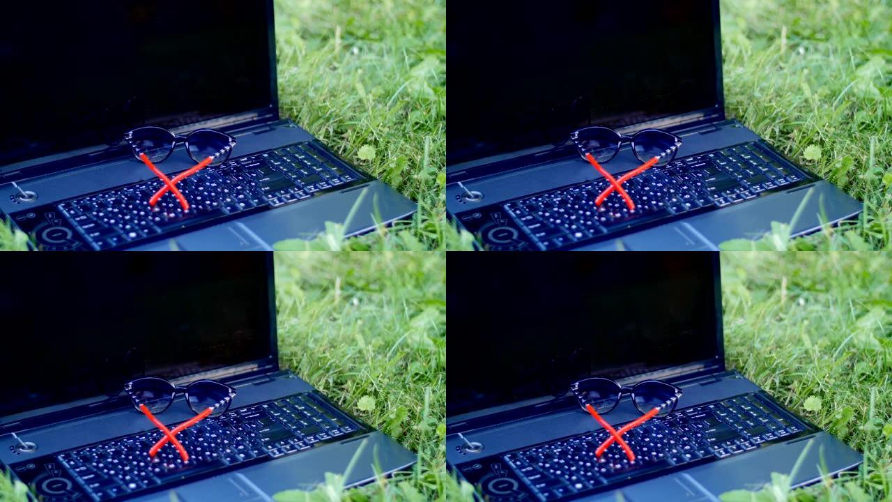笔记本电脑躺在公园的草地上-在笔记本电脑上放下眼镜