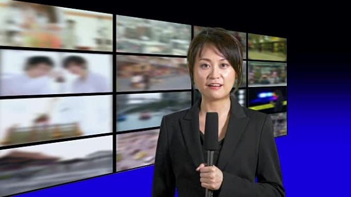新闻主持人在演播室，背景是几排屏幕