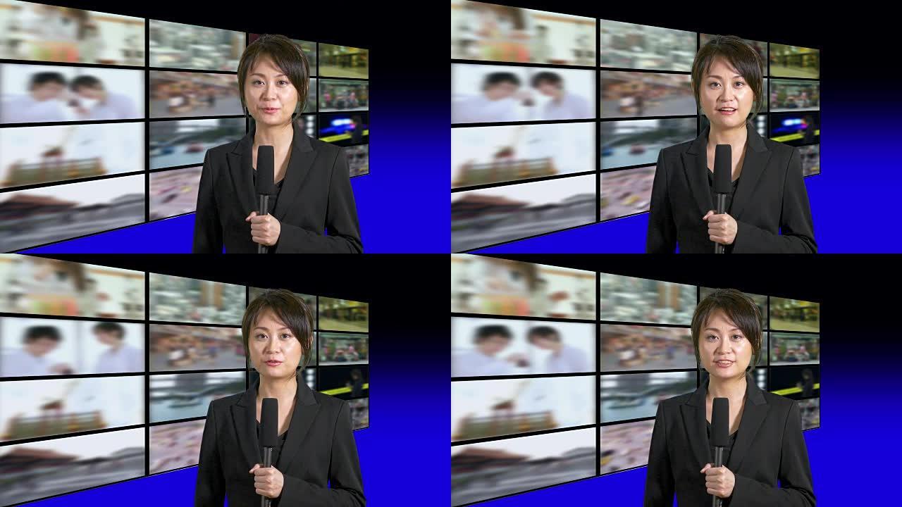 新闻主持人在演播室，背景是几排屏幕