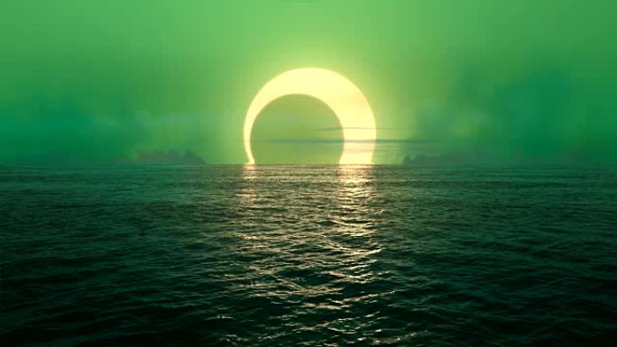 绿色星球-无缝环绕的海洋上的日落和日食。
