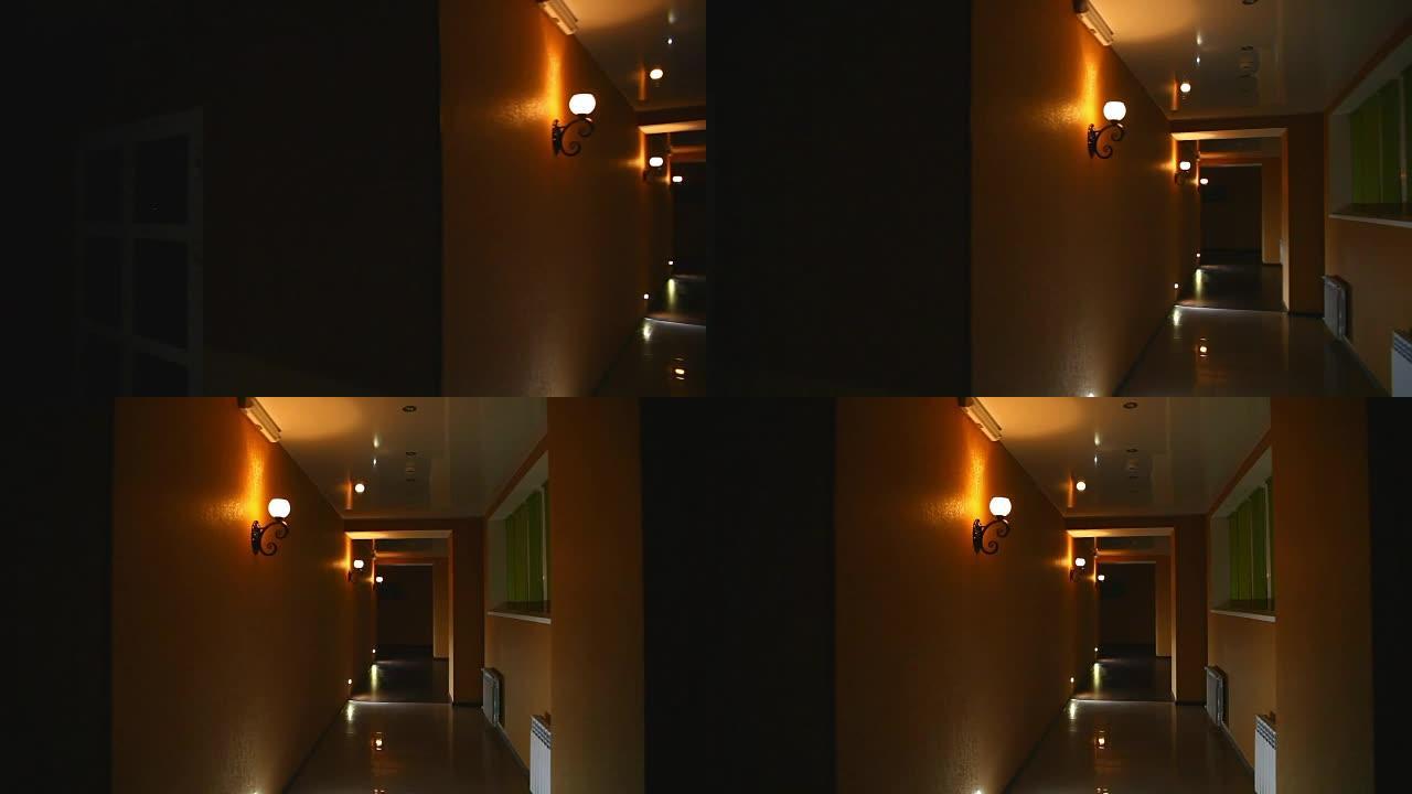 酒店黄灯交通中的现代夜间结构走廊