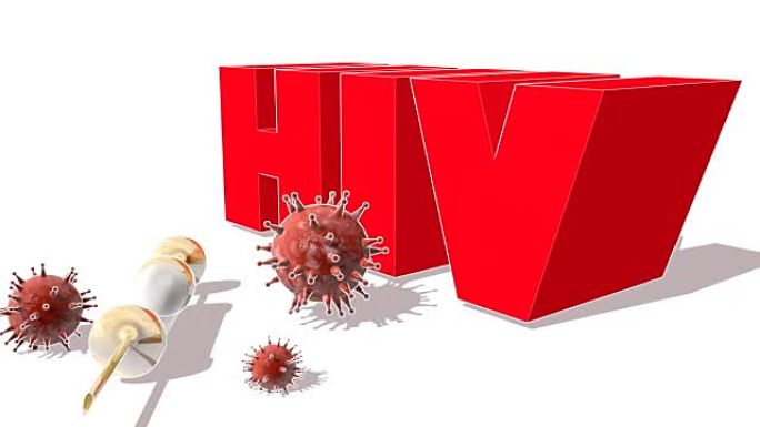 红色艾滋病毒字，抽象病毒模型和注射器