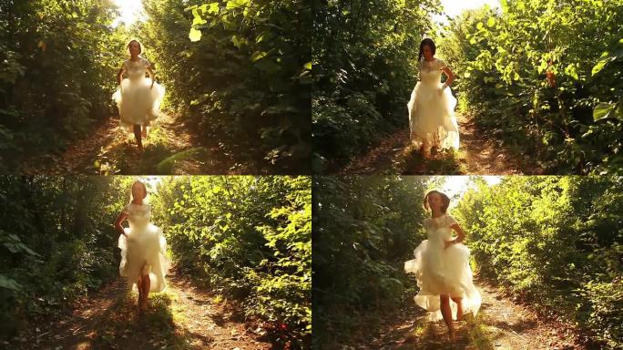 女人复古连衣裙在森林里奔跑微笑逃跑的新娘