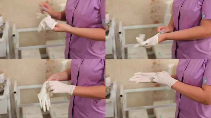 女护士戴上橡胶手套，特写镜头。