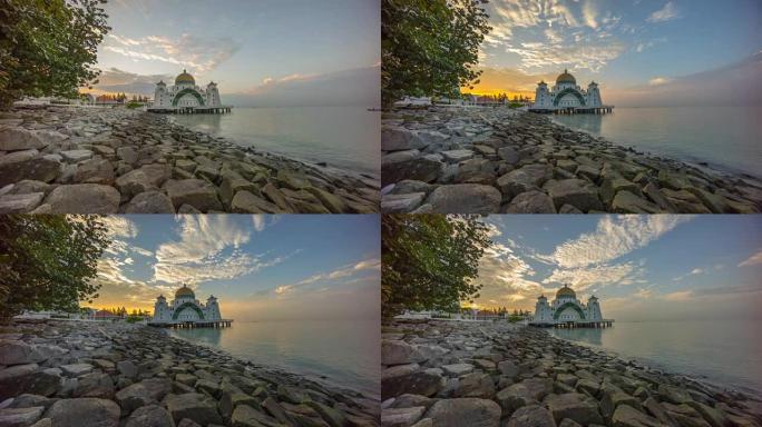 马六甲海峡浮动清真寺或清真寺的日出