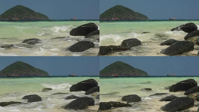 热带岛，Koh Hey，香蕉海滩，泰国。清澈的蓝色大海，白色的沙子和岩石。天堂度假胜地。