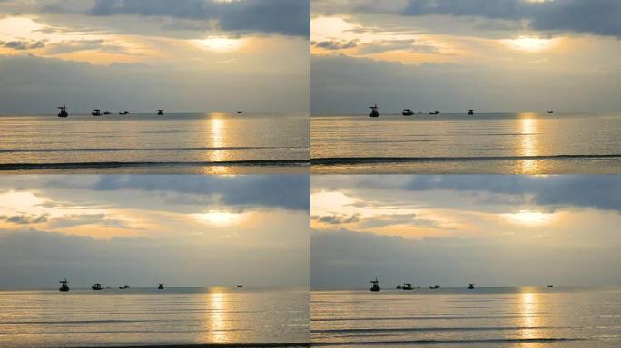 早晨阳光照射下海上渔船的风景景观