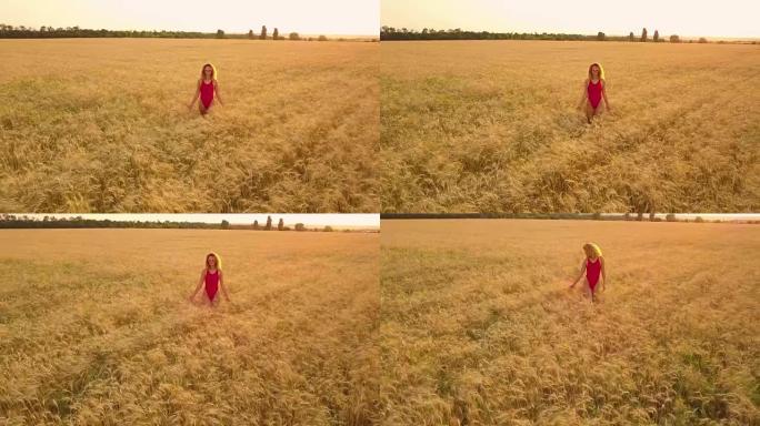 年轻漂亮的红色女孩走在田野里。鸟瞰图。全高清