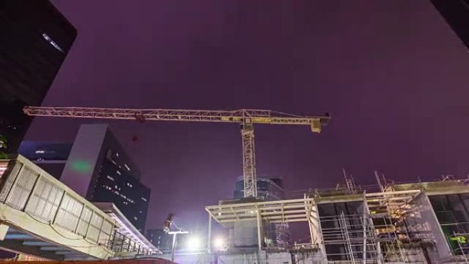 中国夜灯香港中心建筑起重机全景4k延时