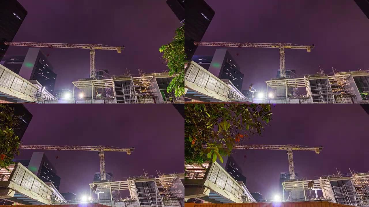 中国夜灯香港中心建筑起重机全景4k延时