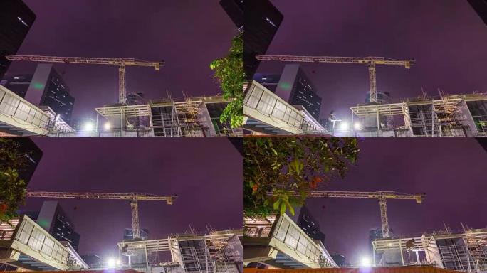 中国夜灯香港中心建筑起重机全景4k延时